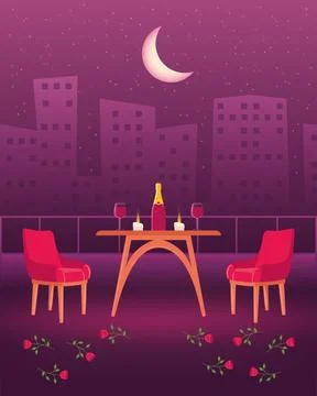 Night rooftop dinner date scene. Vector Stock Illustration