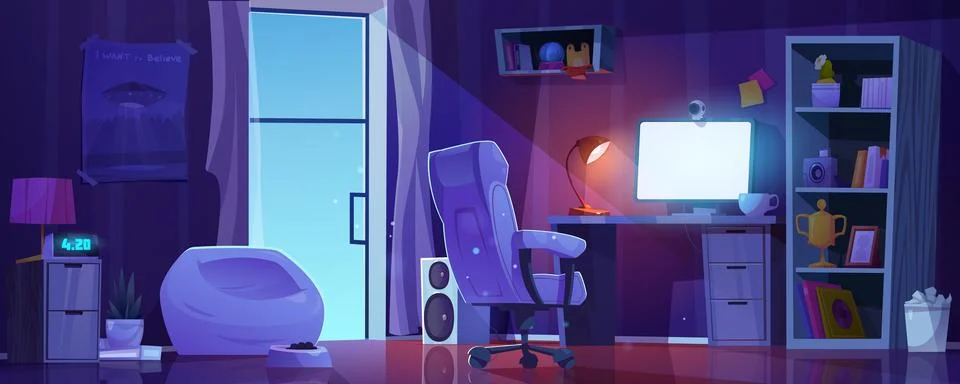 Night room vector interior with study or workplace Stock Illustration