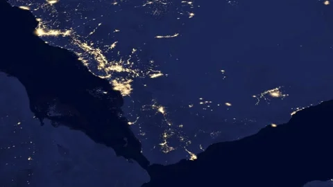Night satellite flyover from Bab-el-Mandeb to Nile Egypt Stock-Footage 337139349