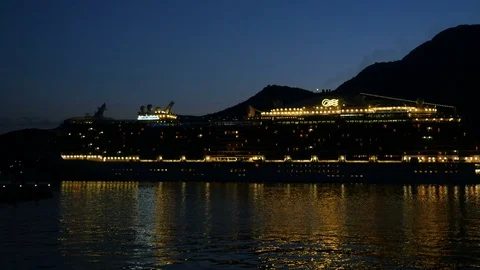 Night scape. View of big cruise ship going to port Kotor, Montenegro Stock Footage 79883116