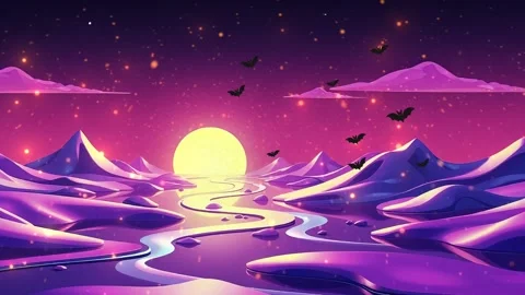 Night Scene with Bats flying over landscape with river Animation Unit Stock Footage 305229465