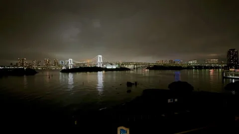 Night scene captures a statue in the foreground in Tokyo 스톡 동영상 314113720