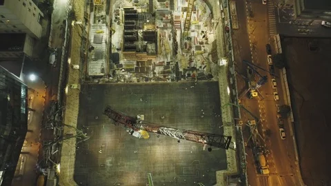 Night scene at Construction site. Aerial drone above huge Constructions with Stock Footage 123552152