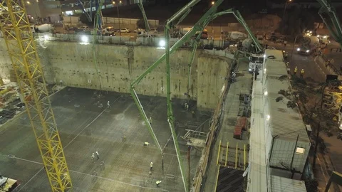 Night scene at Construction site. Aerial drone above huge Constructions with Stock Footage 123700028