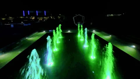 Night scene with a drone of the royal bath, lights, fountains, park Stock Footage 277229714
