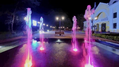Night scene with a drone of the royal bath, lights, fountains, park Stock Footage 277229810