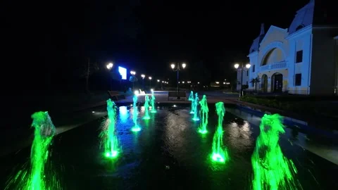 Night scene with a drone of the royal bath, lights, fountains, park Stock Footage 277229857