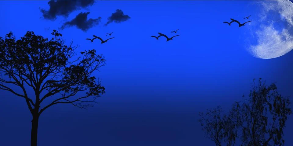 A night scene featuring of trees against a deep blue sky with a glowing moon Stock-Illustration