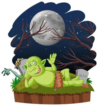 Night scene with goblin or troll cartoon character Stock Illustration
