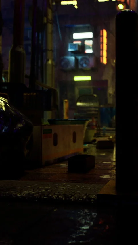 Night scene with neon lights and wet pavement reflects city life Stock Footage 342440098