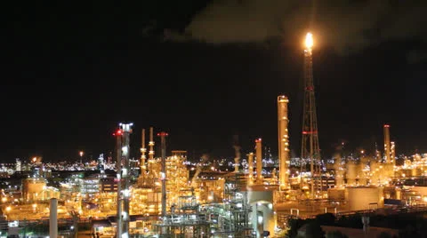 Night scene of petrochemical plant Stock Footage