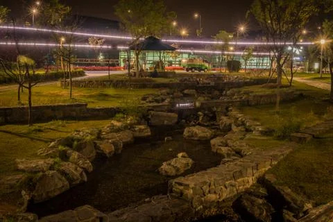 Night scene of small stream with large stones Stock Photos