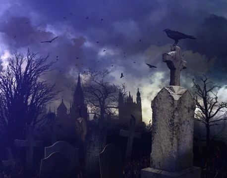 Night scene in a spooky graveyard Stock Photos