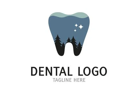 Night Scene Tooth and Pine Tree Dental Clinic Logo Dental	 Stock Illustration