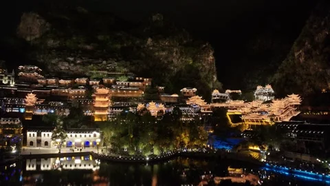 Night Scenery of Chinese Ethnic minority villages in Fengyin Buyi ,Xingyi,CHINA Stock Footage 307152553