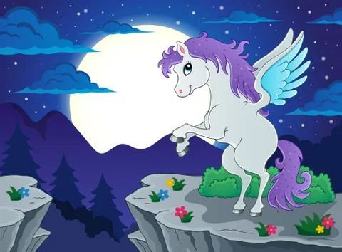 Night scenery with pegasus - eps10 vector illustration. Stock Illustration