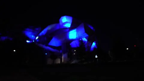 Night Scenes - Building illuminated by blue neon lights Stock Footage 255015596