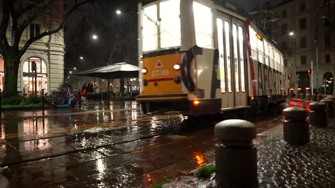 Night scenes - Casaforte Self Storage tram in Piazza Sempione in Milan Italy Stock Footage 267017414