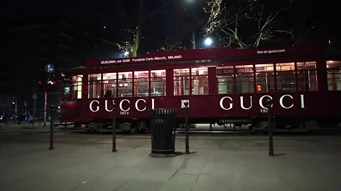 Night scenes - Gucci tram in Corso Sempione in Milan Italy Stock Footage 265478145