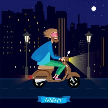 At night on a scooter Stock Illustration