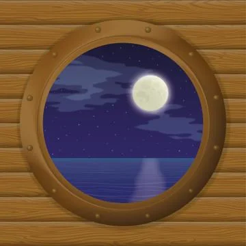 Night sea in a ship window Stock Illustration
