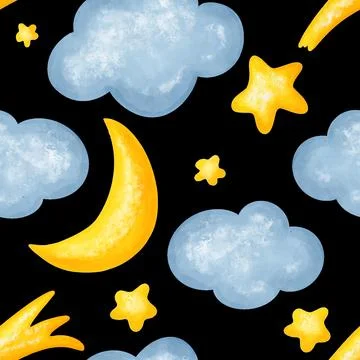 Night seamless pattern with moon, cloud and stars. Children vector illustration Stock Illustration