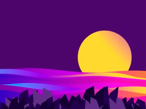 Night seascape. Sunset, gradient waves. Vector illustration Ilustración de archivo