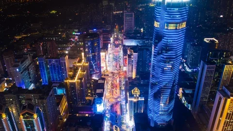 Night shenzhen commercial pedestrian street aerial timelapse 4k china Stock Footage
