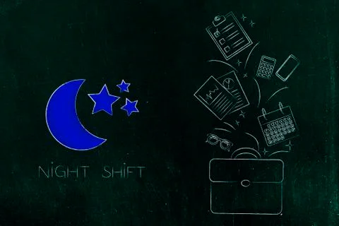 Night shift icon with moon next to office bag with objets flying out Stock Illustration