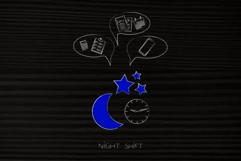 Night shift moon icon and clock with comic bubbles and office objects in them Stock Illustration