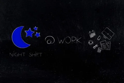 Night shift moon icon next to business objects and At Work caption Stock Illustration