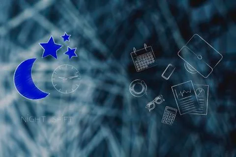 Night shift moon icon next to group of mixed business objects Stock Illustration