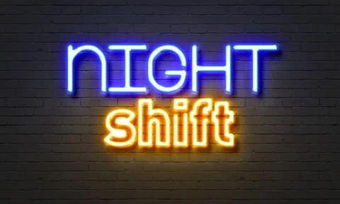 Night shift neon sign on brick wall background. Stock Illustration