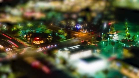 Night Shopping Small Town Hyperlapse tilt shift effect at dark Video stock 144648974