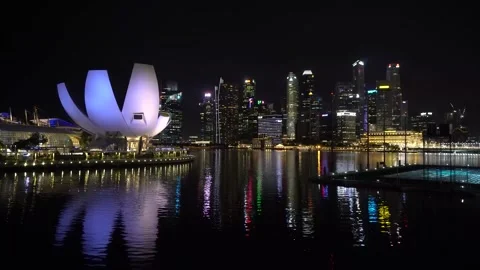 Night Shot of ArtScience Museum and Bay, Singapore Stock Footage 166753970