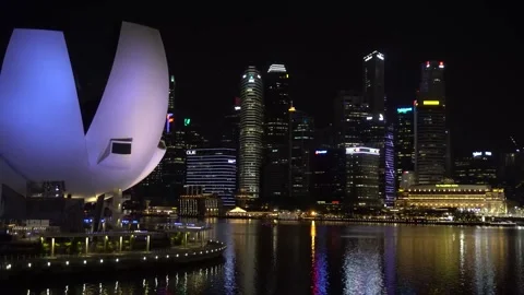 Night Shot of ArtScience Museum and Business District, Singapore Stock Footage 166753996