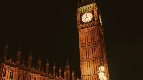 Night Shot of the Houses of Parliament and Big Ben Stock Footage