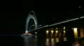 Night Shot of Tour Boat Passing Under Liede Bridge Iconic Landmarks in Guangzhou HD Footage
