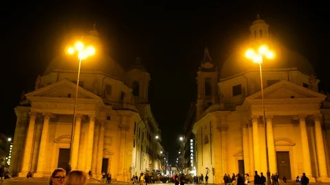 Night shot on the twin churches in one of the largest squares in Rome, Piazza Stock Footage 98233953