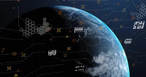Night-side digital HUD elements appearing, forming hex-grid over rotating Earth Stock Footage 314744332
