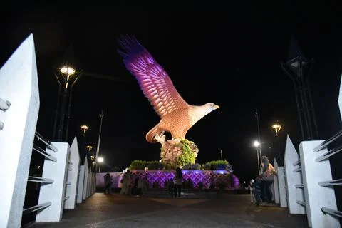 Night side view of Langkawi Eagle Monument Stock Photos