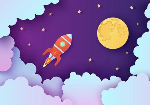 Night sky and red rocket in paper cut style. Cut out 3d background with violet Stock Illustration