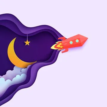 Night sky and red rocket in paper cut style. Cut out 3d background with violet Stock Illustration