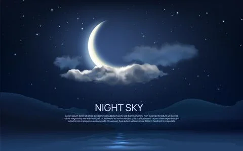 Night sky background. Clouds and moon. Star glow. Crescent on dark blue summe Stock Illustration