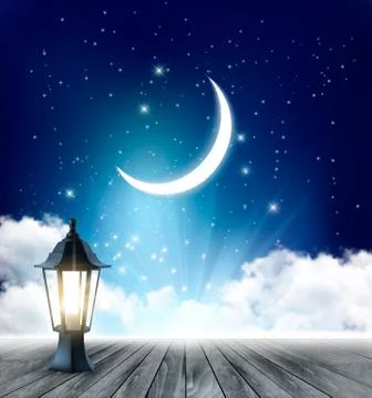 Night Sky Background With Crescent Moon And Ramadan Lamp. Vector. Stock Illustration