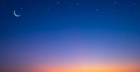 Night Sky background with Crescent Moon and stars on romantic twilight sky Illustrazione stock