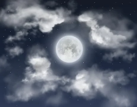 Night sky background with full moon, clouds and shining stars Иллюстрация