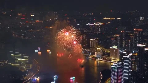 Night sky with beautiful firework background. Firecracker pyrotechnics show. Stock Footage 340633585