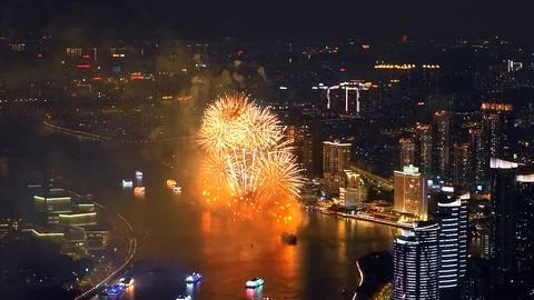 Night sky with beautiful firework background. Firecracker pyrotechnics show. Stock Photos