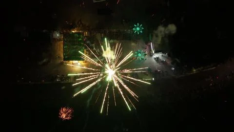 Night sky with beautiful firework background. Firecracker pyrotechnics show. Stock Photos